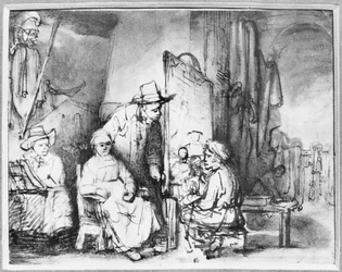 Innenansicht eines Ateliers mit einem Maler, der das Porträt eines Paares malt